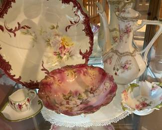 Extensive selection of antique hand-painted porcelain by R.S. Prussia and others.