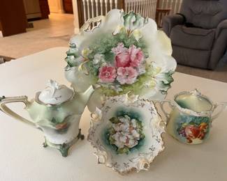 Extensive selection of antique hand-painted porcelain by R.S. Prussia and others.