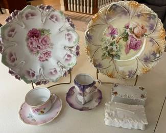 Extensive selection of antique hand-painted porcelain by R.S. Prussia and others.