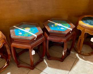 side tables, stools  -two have glass tops two have marble tops