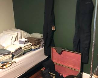 Trunk, ski gear, queen adjustable bed and frame