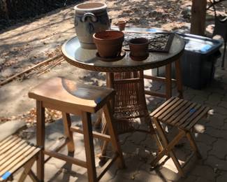 Patio table and stools, pot for plants