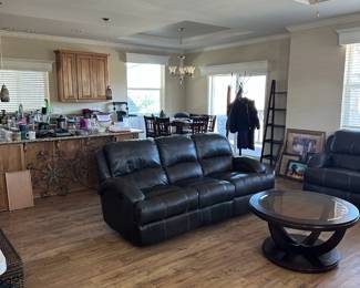 couch, round wood and glass table,