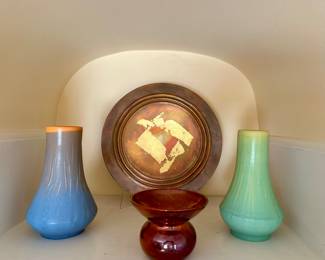 Two lovely Ephriam Pottery vases, Pewabic petite iridescent vase, and a rare Thomas Roy Markusen brutalist disc sculpture.