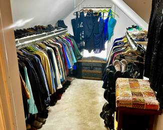 A huge closet filled with queen size clothes, mostly Talbots, many with tags still on. Shoes size 7.5-8.5