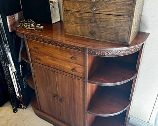 Cute vintage storage sideboard cabinet, and oak storage jewelry chest.