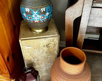Marble pedestal, Brass two handled vessel, Partylite lantern, and a large terracotta Raymore vase.