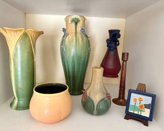 All Ephriam Pottery and a beautiful hand hammered copper Arts and Crafts candlestick.