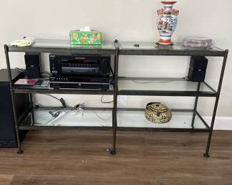 Audio and Glass and Iron Shelving unit 