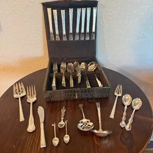 Vintage Clift Sterling Silver Handle Stainless Steel Blade Flatware Set with Decorative Serving Utensils