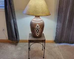 Rustic Ceramic Table Lamp with Southwestern Pattern and Woven Rattan Side Table