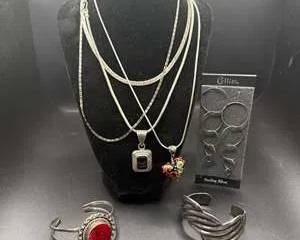 Sterling Silver Necklaces Pendant Colorful Glass Bead Charm Set Hoop Earrings Two Silver Cuffs
