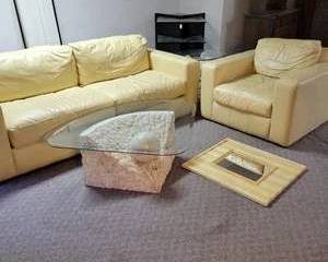Vintage Yellow Leather Sofa and Armchair with Glass and Stone Coffee and Side Tables