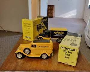 Caterpillar 1931 Hawkeye and 1932 Ford Panel Diecast Truck Banks with Original Boxes