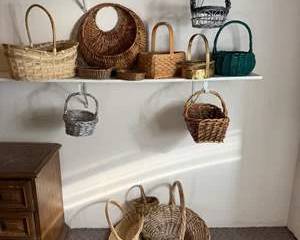 Handwoven Assorted Natural and Painted Wicker Baskets Set with Various Shapes and Sizes
