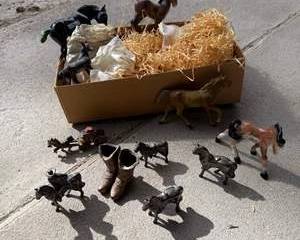 Vintage Ceramic and Plastic Horse Figurines with Cowboy Boots and Wagon Replica