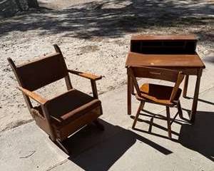 Vintage Wooden Child's Desk and Chair Set with Brown Cushioned Rocking Chair