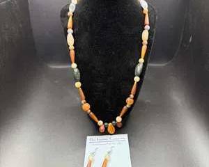 Multicolor Beaded Necklace and Earrings Set with Orange, Green and Yellow Stones