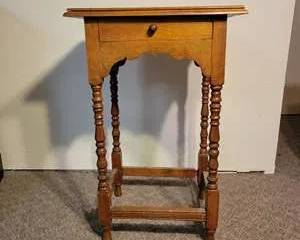 Vintage Wooden Side Table with Drawer and Turned Legs