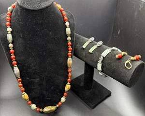 Multicolor Beaded Necklace with Green and Red Stone Bracelet and Matching Earrings Set