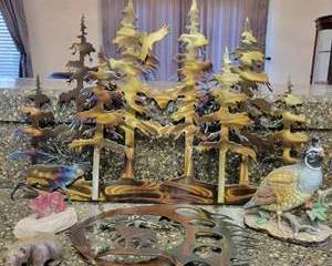 Metal Forest and Wildlife Sculpture Set with Painted Bird and Animal Figures