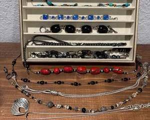 Mixed Bead and Chain Necklaces with Blue, Red, Black and Silver Accents
