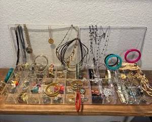 Vintage and Costume Jewelry Lot with Necklaces Bracelets Earrings and Rhinestone Accessories