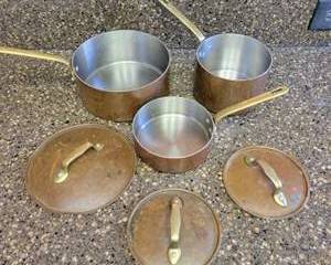 Vintage Copper Cooking Pots Set with Brass Handles and Lids by ATLAS