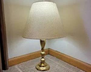 Brass Table Lamp with White Fabric Shade and Fleur-de-Lis Finial