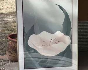 Framed Modern Floral Wall Art Print with Abstract White Flower and Green Leaves