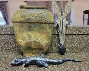Rustic Ceramic Sun Motif Vase with Metal Lizard Figurine and Striped Zebra Head Wall Decor