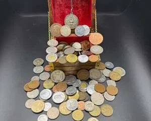 Assorted World Coins Collection in Wooden Chest with Red Velvet Interior
