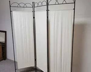 Three-Panel Black Metal Frame Room Divider with White Fabric Panels