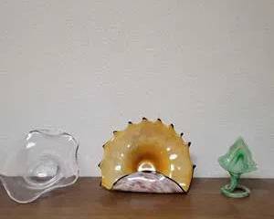 Vintage Hand Blown Art Glass Accent Decor Clear Yellow and Green Swirled Glass Bowls