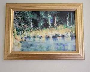 Framed Landscape Painting with Trees and Water Signed by Artist