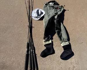 Redington Fishing Waders with Multiple Fishing Rods and Wide Brim Sun Hat