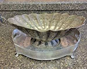 Antique Ornate Silver Plated Decorative Bowl and Tray Set with Intricate Floral Engravings