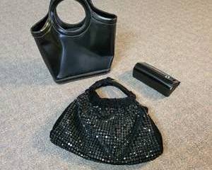 Black Circular Handle Tote Bag, Black Sequin Embellished Handbag, Black Structured Clutch Wallet