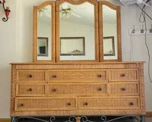 Wicker Rattan Bedroom Set with Metal Scrollwork - Dresser with Triple Mirror, Chest, Nightstand, and Headboard