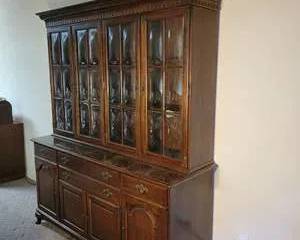 Vintage Solid Wood China Cabinet Hutch with Glass Paneled Doors and Brass Hardware