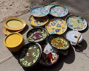 Colorful Floral and Olive Pattern Ceramic Plates Set with Staub Cast Iron Mini Cocotte