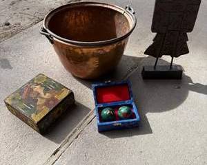 Vintage Hammered Copper Pot with Decorative Asian Kimono Statue and Hand-Painted Wooden Boxes with Chinese Baoding Balls