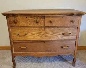 Vintage Oak Wooden Dresser Chest with Four Drawers and Brass Handles