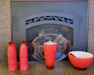 Vintage Red and Clear Glass Pitcher, Serving Bowl, Salad Servers, Tray, and Salt and Pepper Shakers Set