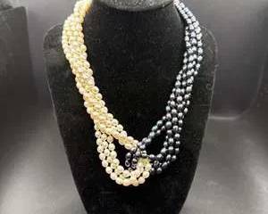 Multi-Strand Black and White Pearl Necklace with Silver Clasp