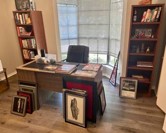 Nice office desk with leather top, bookcases & variety of collectibles