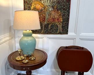 Vintage round side table & wall tapestry