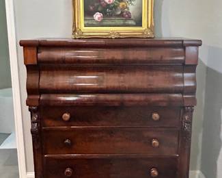 Stunning antique burl-wood tall dresser. Lovely original painting