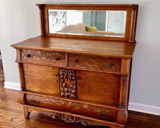 006-LR: Antique Tiger Oak Sideboard with Mirror