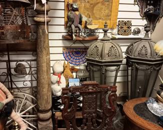 Clocks,  chairs, lighting, artwork, carved wooden items, taxidermy items